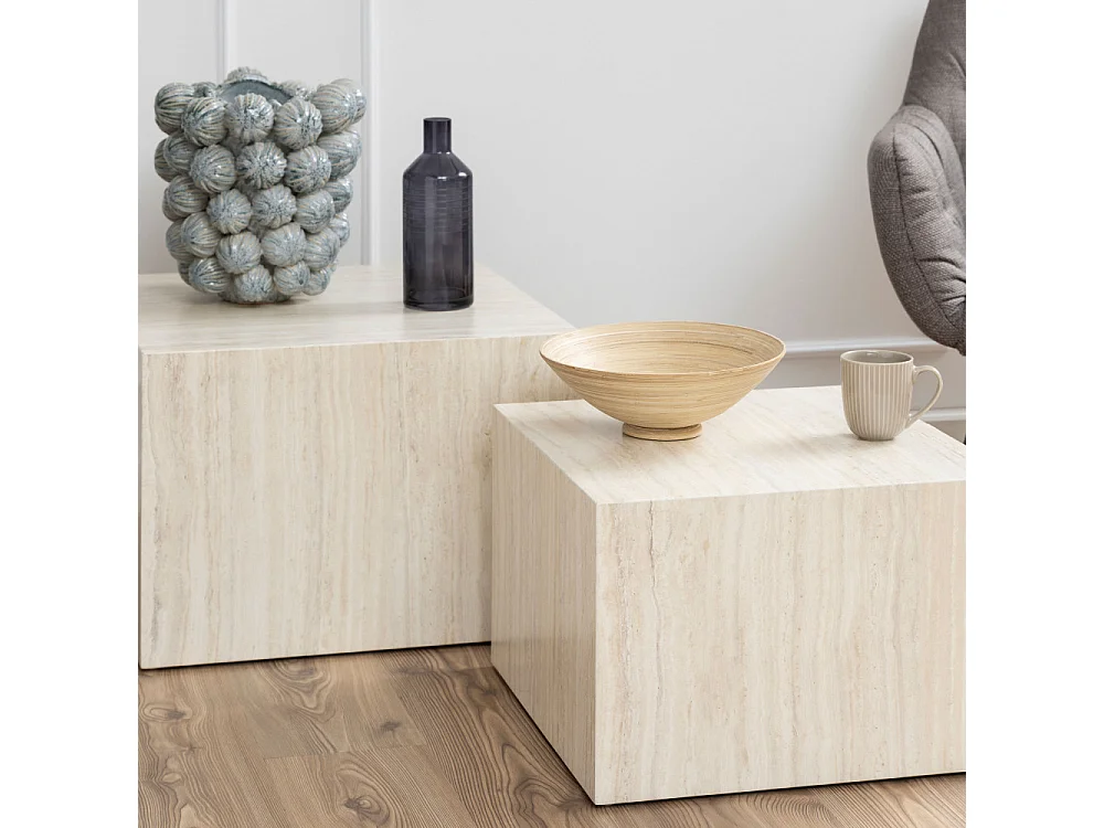 Papilio - Lot de 2 tables basses carrées effet travertin - Beige