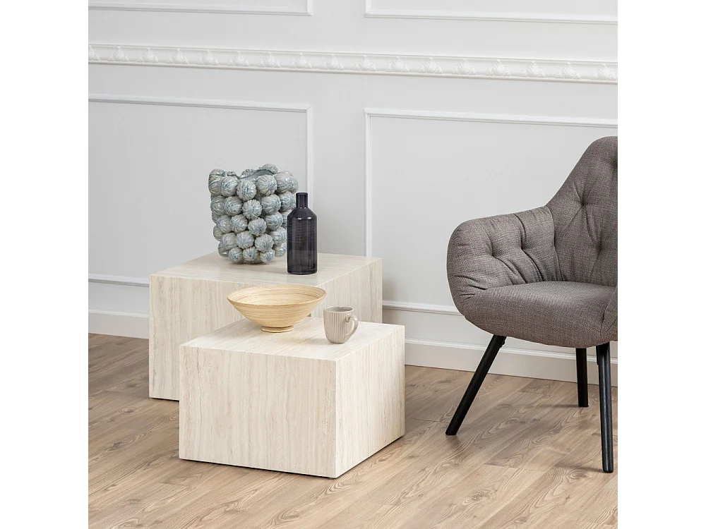 Papilio - Lot de 2 tables basses carrées effet travertin - Beige