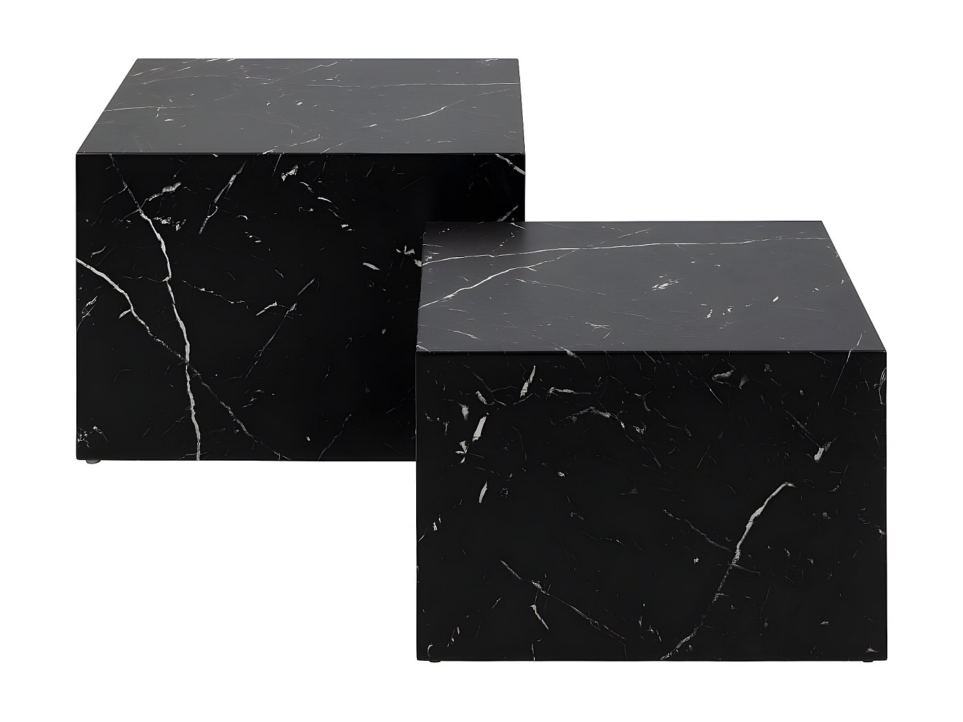 Tables Basses Gigognes Carrées - Lot De 2, Motif Marbre, Pieds Réglables - Grandes : 60x60x45 Cm, Petite : 45x45x40 Cm - Blanc Et Noir