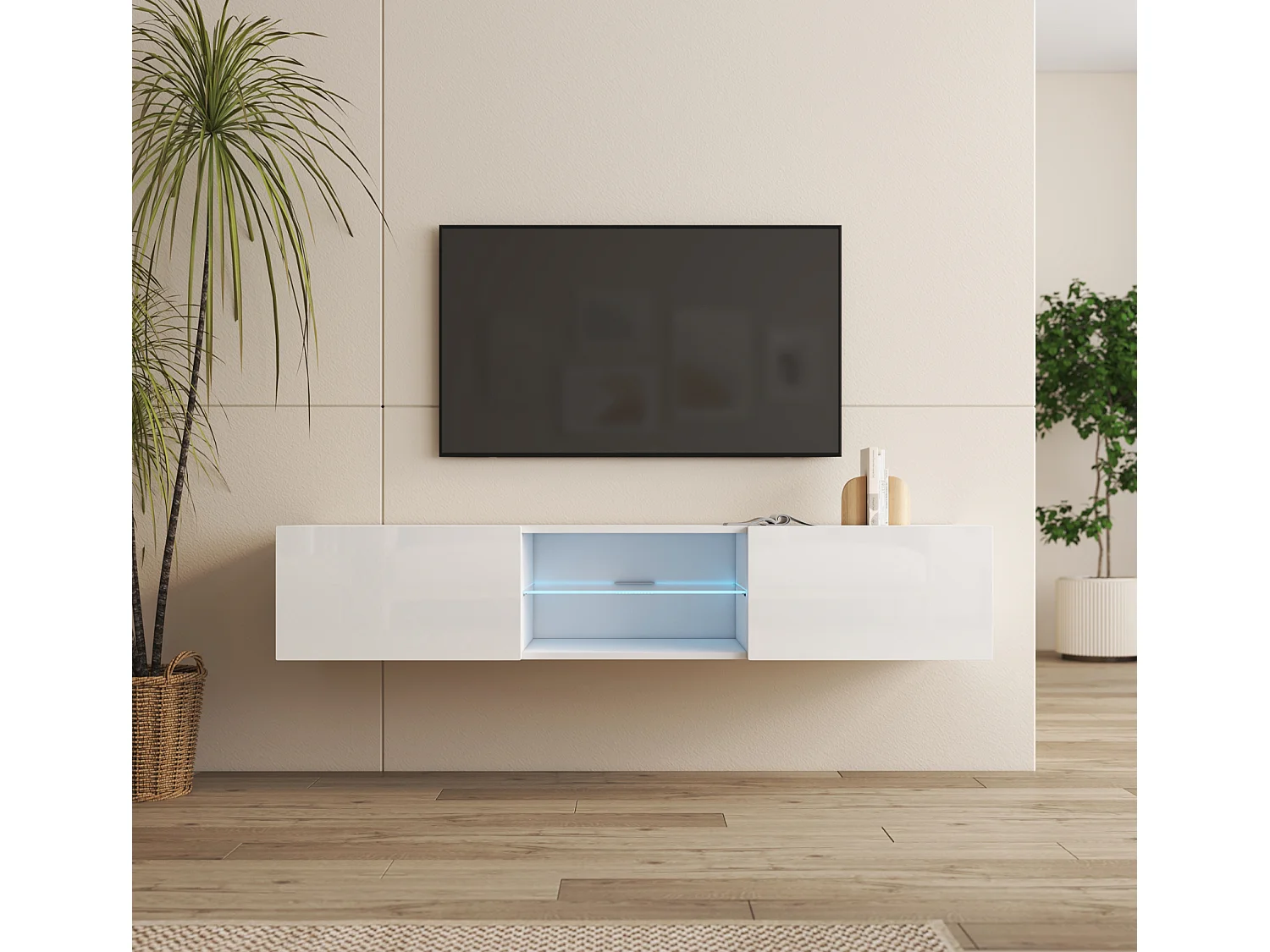 Mueble TV para Salón comedor en Blanco con LED 160x38,5x30cm Tibi