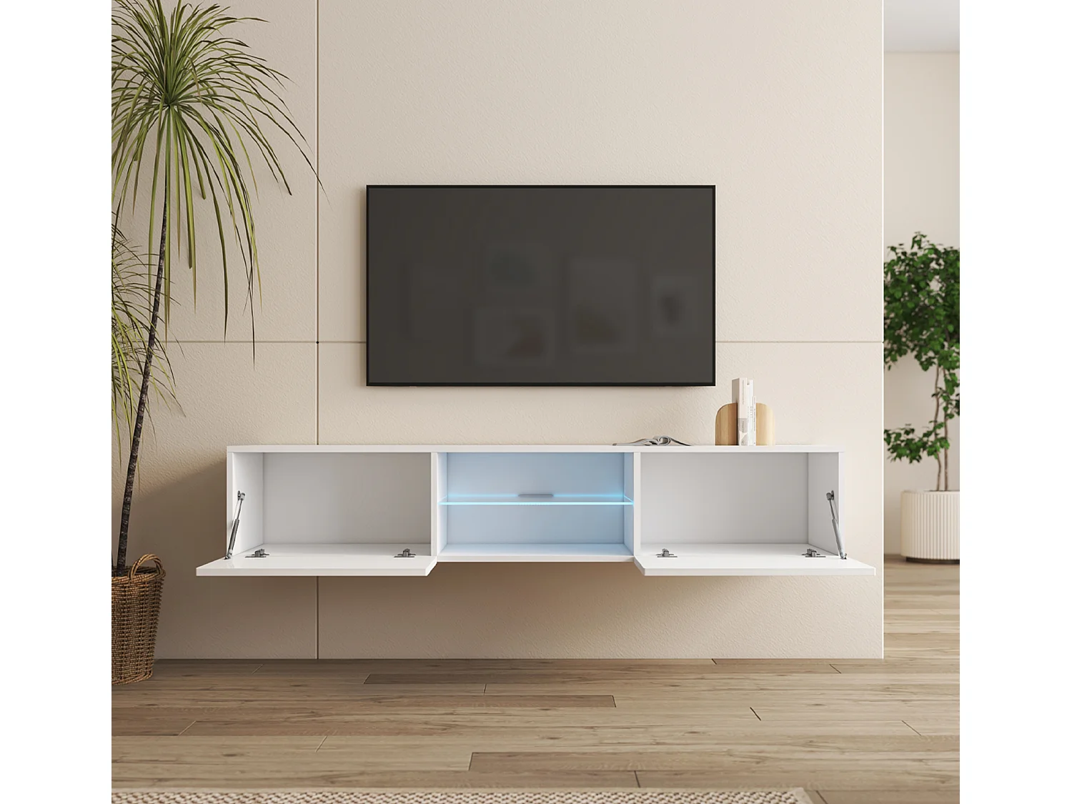 Mueble TV para Salón comedor en Blanco con LED 160x38,5x30cm Tibi