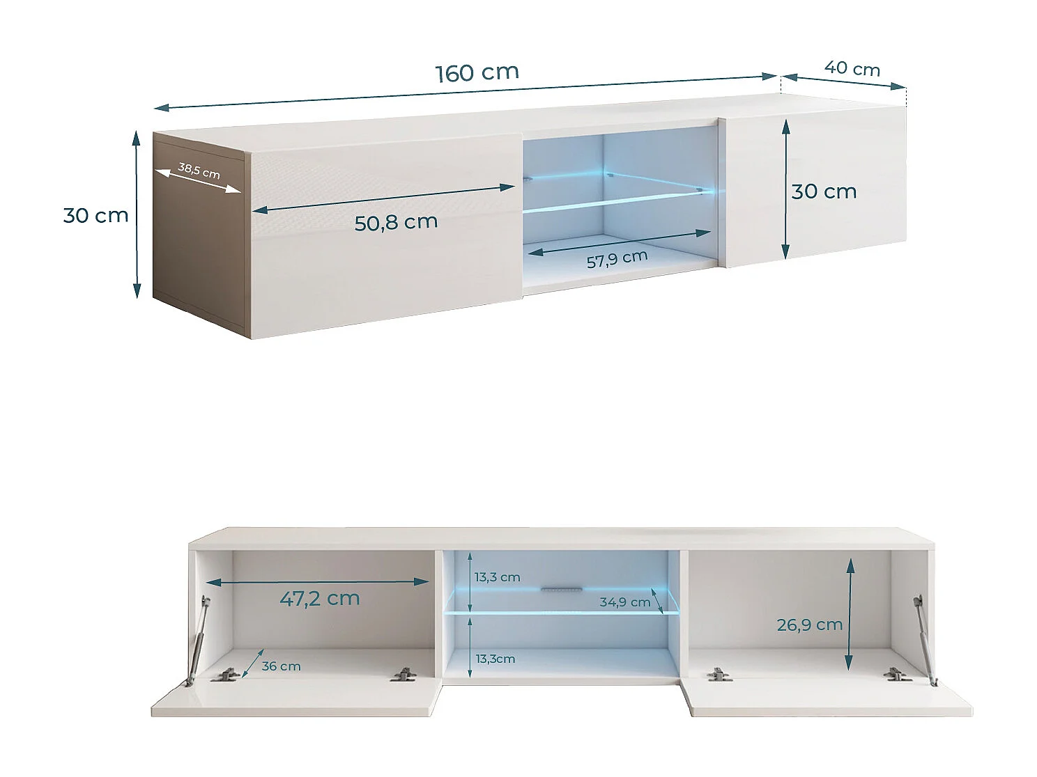 Mueble TV para Salón comedor en Blanco con LED 160x38,5x30cm Tibi