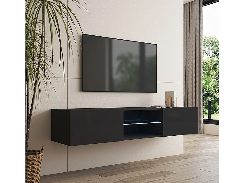 Mueble TV para Salón comedor en Negro con LED 160x38,5x30cm Tibi