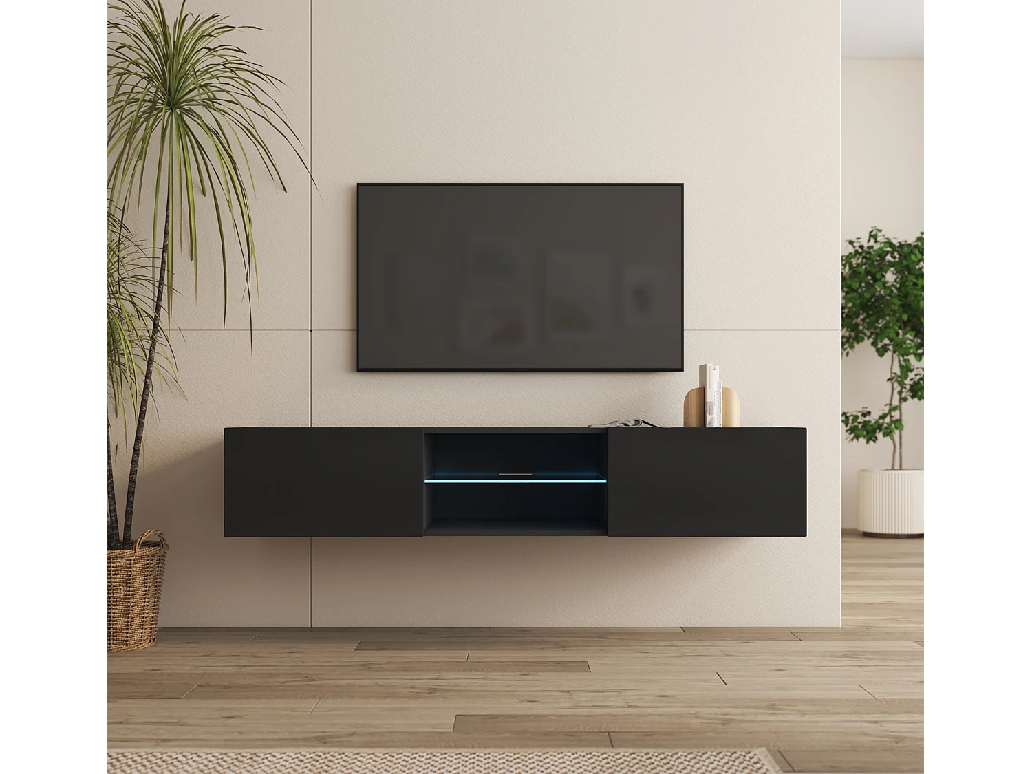 Mueble TV para Salón comedor en Negro con LED 160x38,5x30cm Tibi