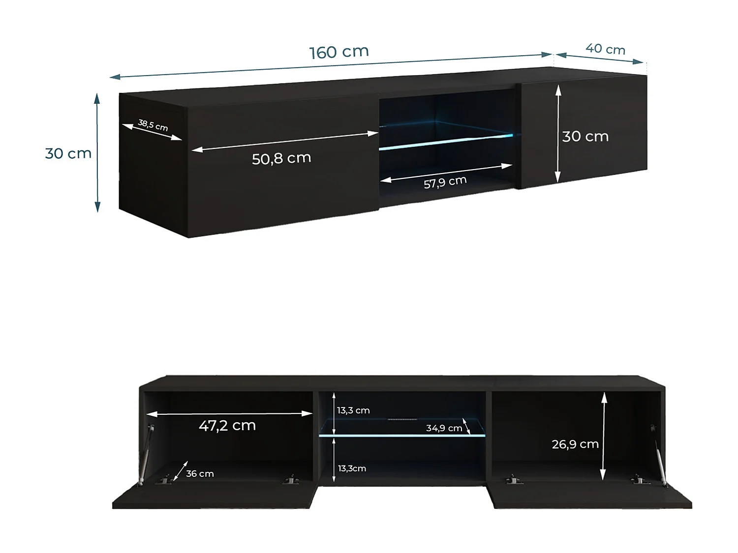 Mueble TV para Salón comedor en Negro con LED 160x38,5x30cm Tibi