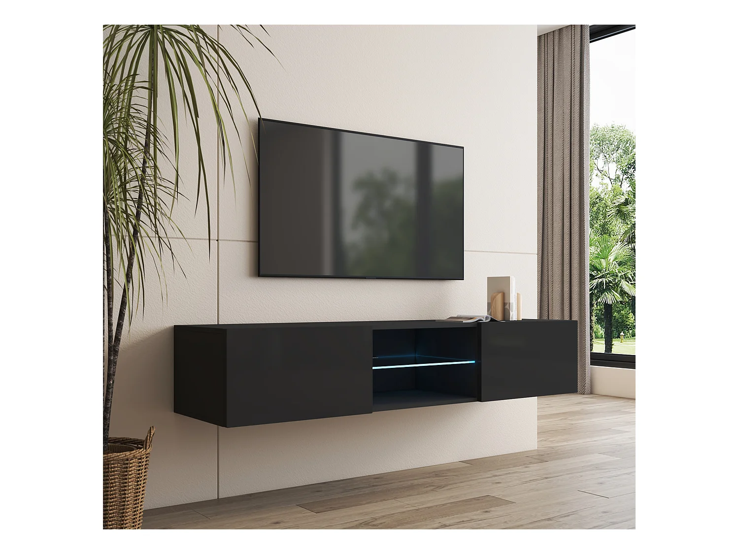 Meuble TV pour Salon Salle à manger en Noir avec LED 160x38,5x30cm Tibi