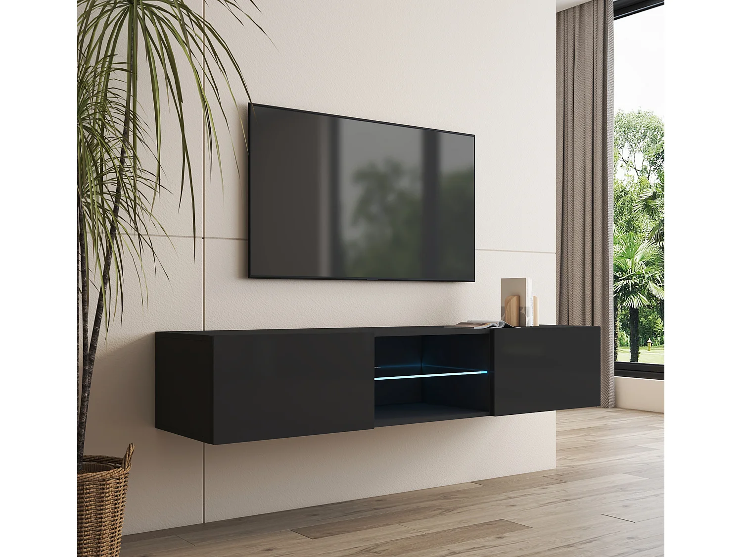 Mueble TV para Salón comedor en Negro con LED 160x38,5x30cm Tibi