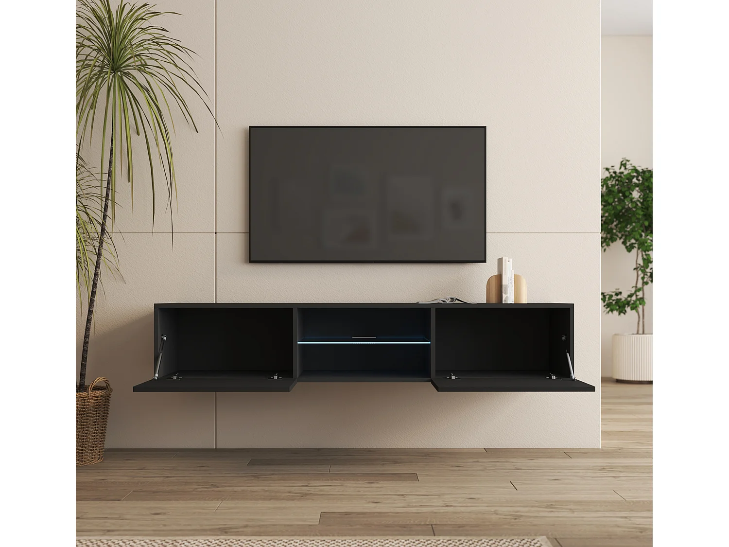 Mueble TV para Salón comedor en Negro con LED 160x38,5x30cm Tibi