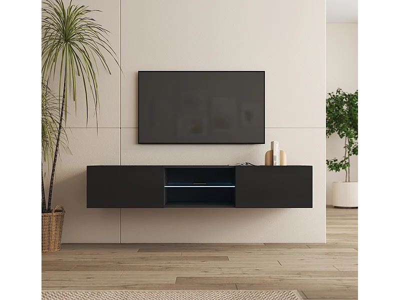 Meuble TV pour Salon Salle à manger en Noir avec LED 160x38,5x30cm Tibi