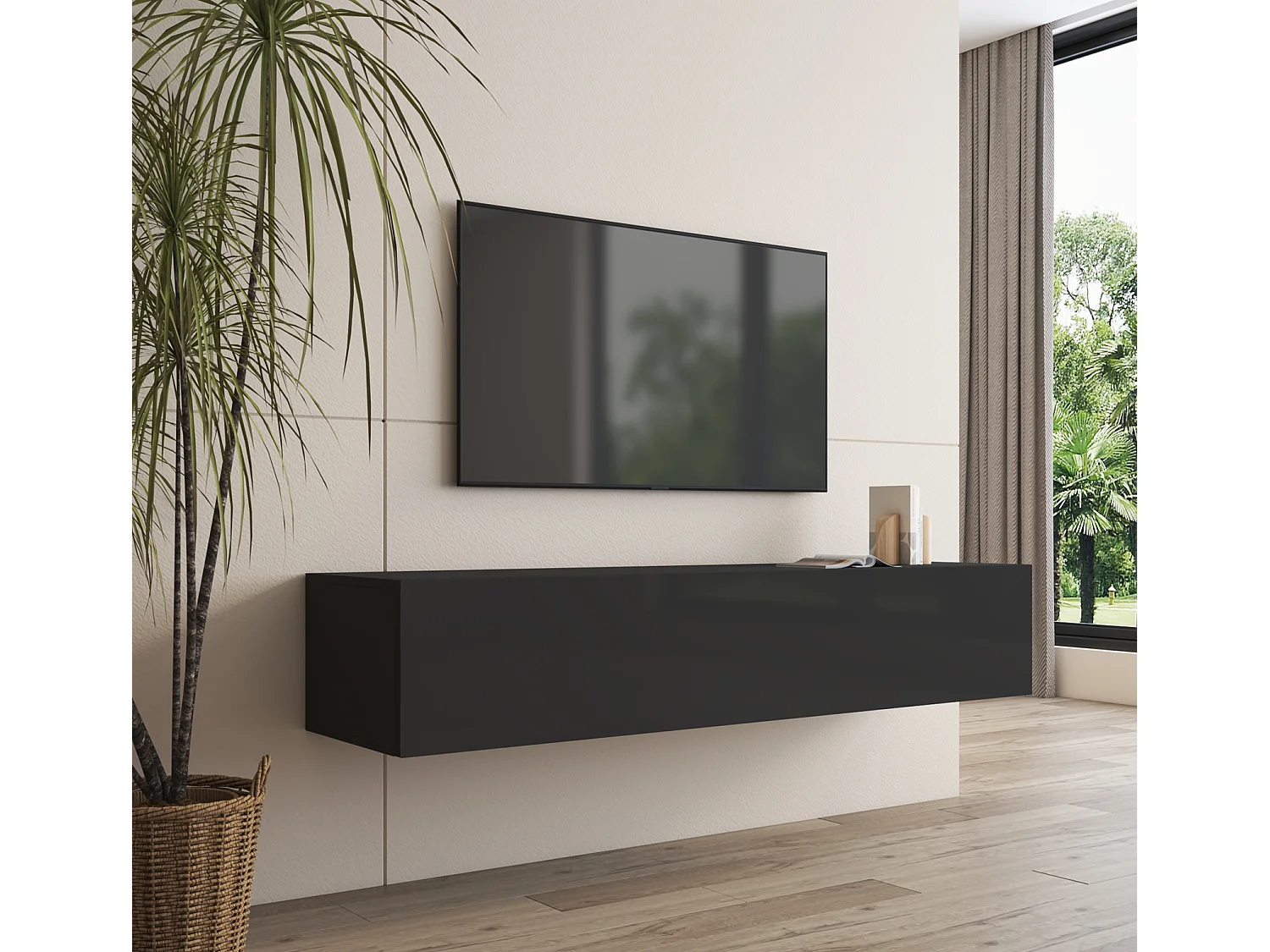 Meuble TV suspendu pour Salon Salle à manger en Noir 160x40x30cm Nora H2