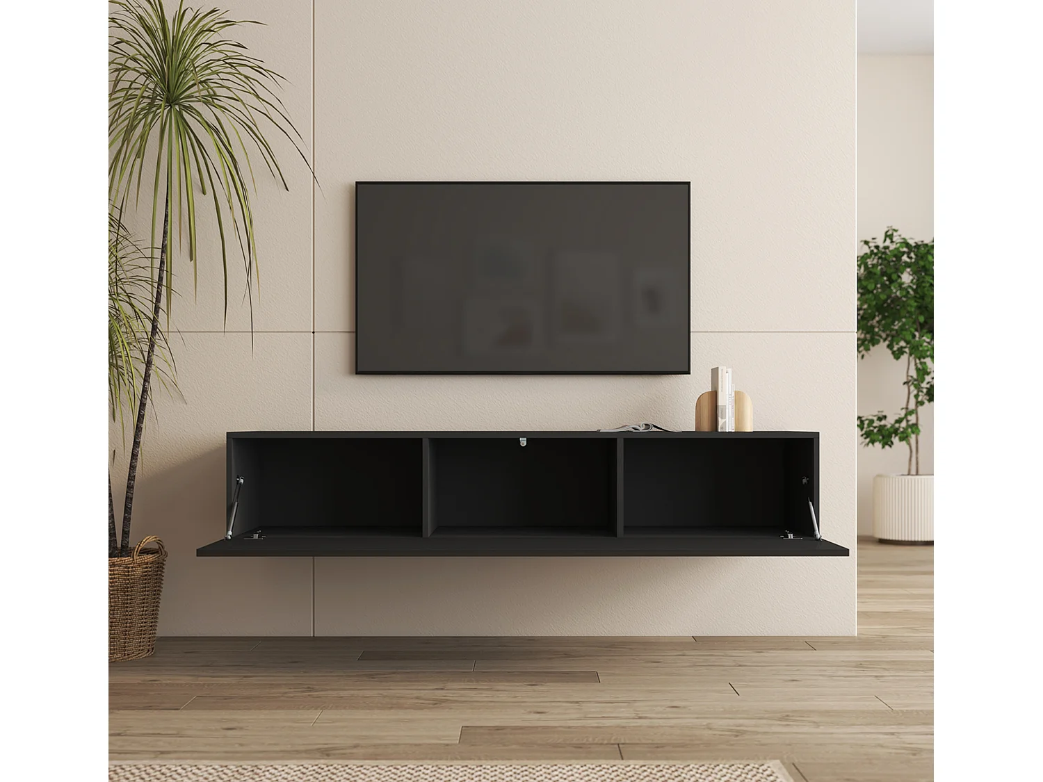 Mueble TV colgante para Salón comedor en Negro 160x40x30cm Nora H2