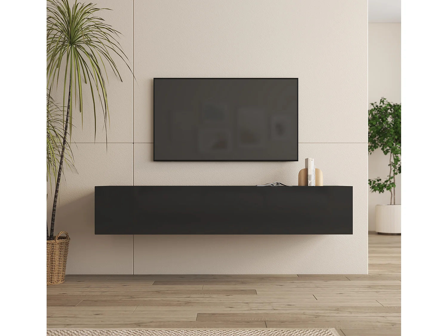 Mueble TV colgante para Salón comedor en Negro 160x40x30cm Nora H2