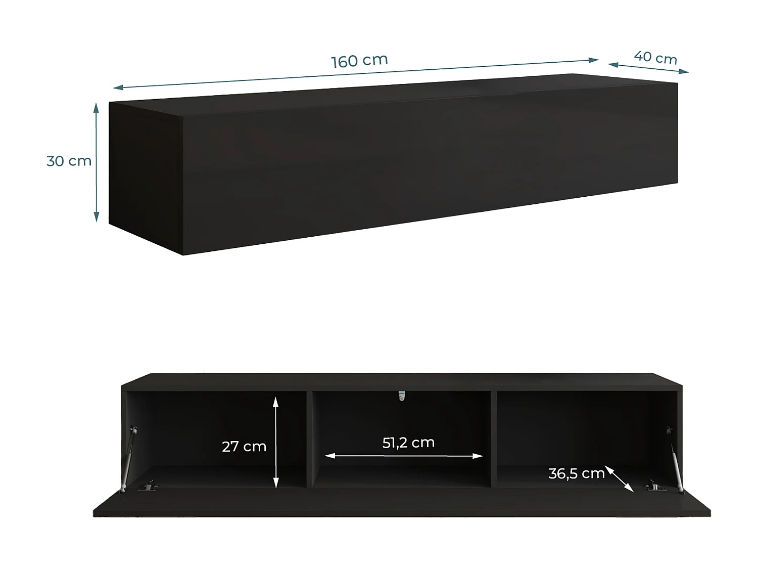 Mueble TV colgante para Salón comedor en Negro 160x40x30cm Nora H2
