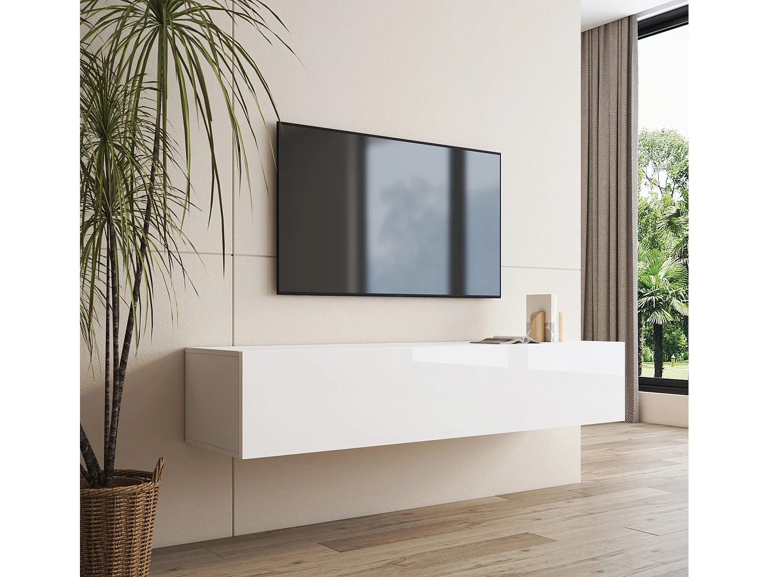 Meuble TV suspendu pour Salon Salle à manger en Blanc 160x40x30cm Nora H2