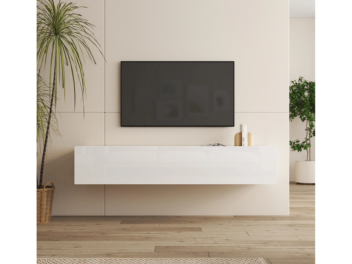 Meuble TV suspendu pour Salon Salle à manger en Blanc 160x40x30cm Nora H2