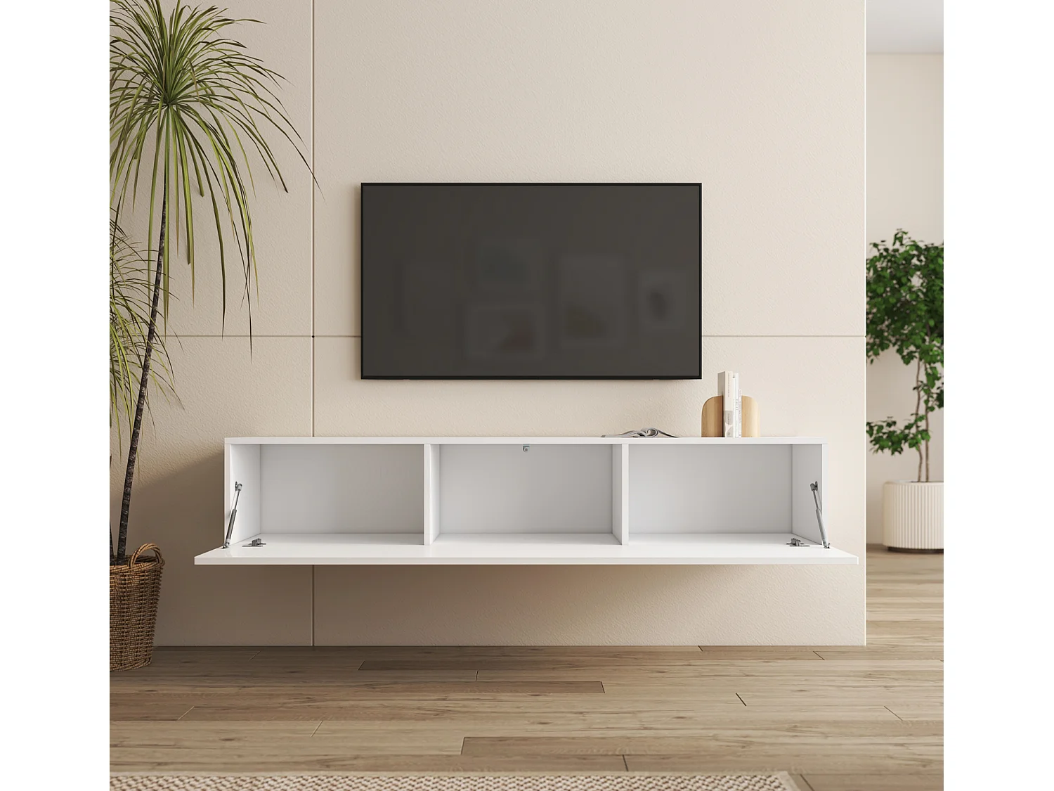 Meuble TV suspendu pour Salon Salle à manger en Blanc 160x40x30cm Nora H2