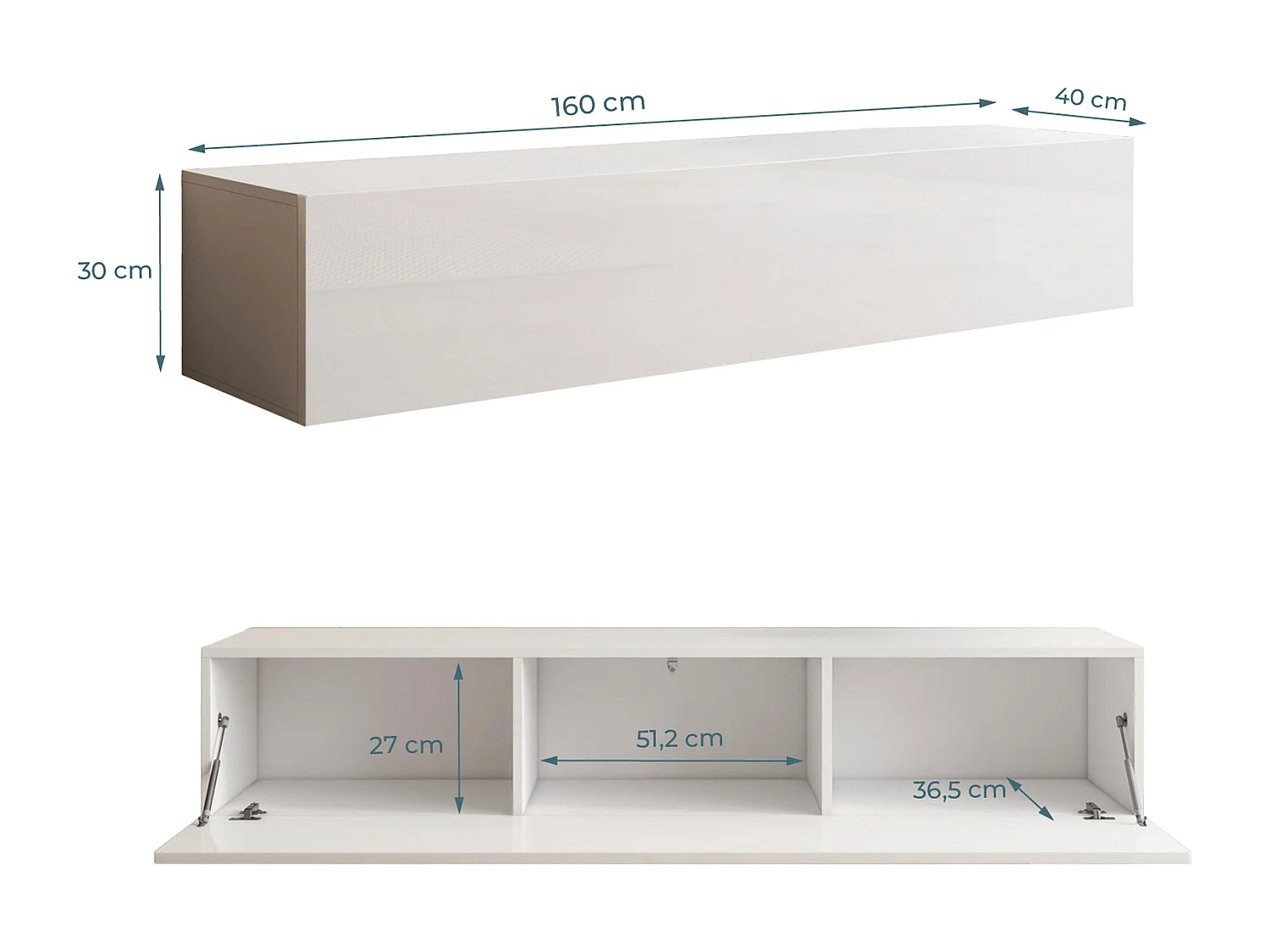 Meuble TV suspendu pour Salon Salle à manger en Blanc 160x40x30cm Nora H2