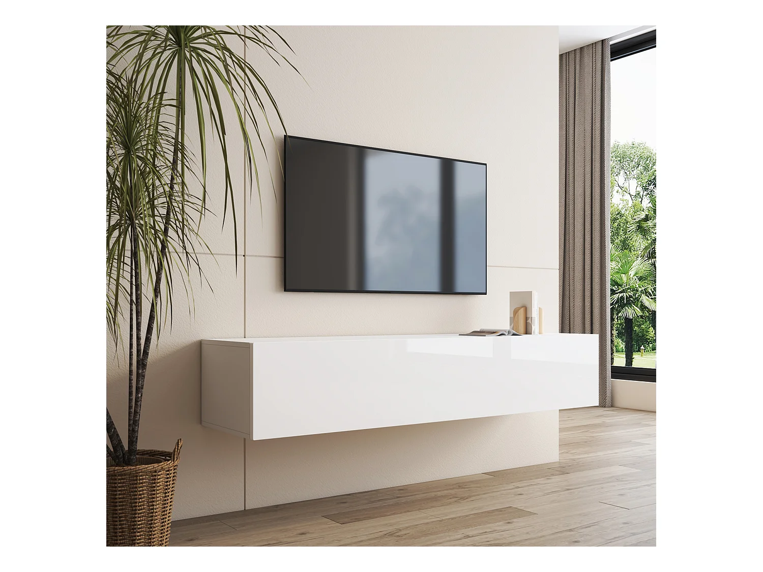 Meuble TV suspendu pour Salon Salle à manger en Blanc 160x40x30cm Nora H2