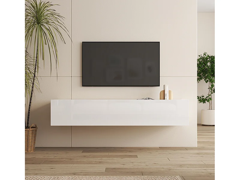 Meuble TV suspendu pour Salon Salle à manger en Blanc 160x40x30cm Nora H2