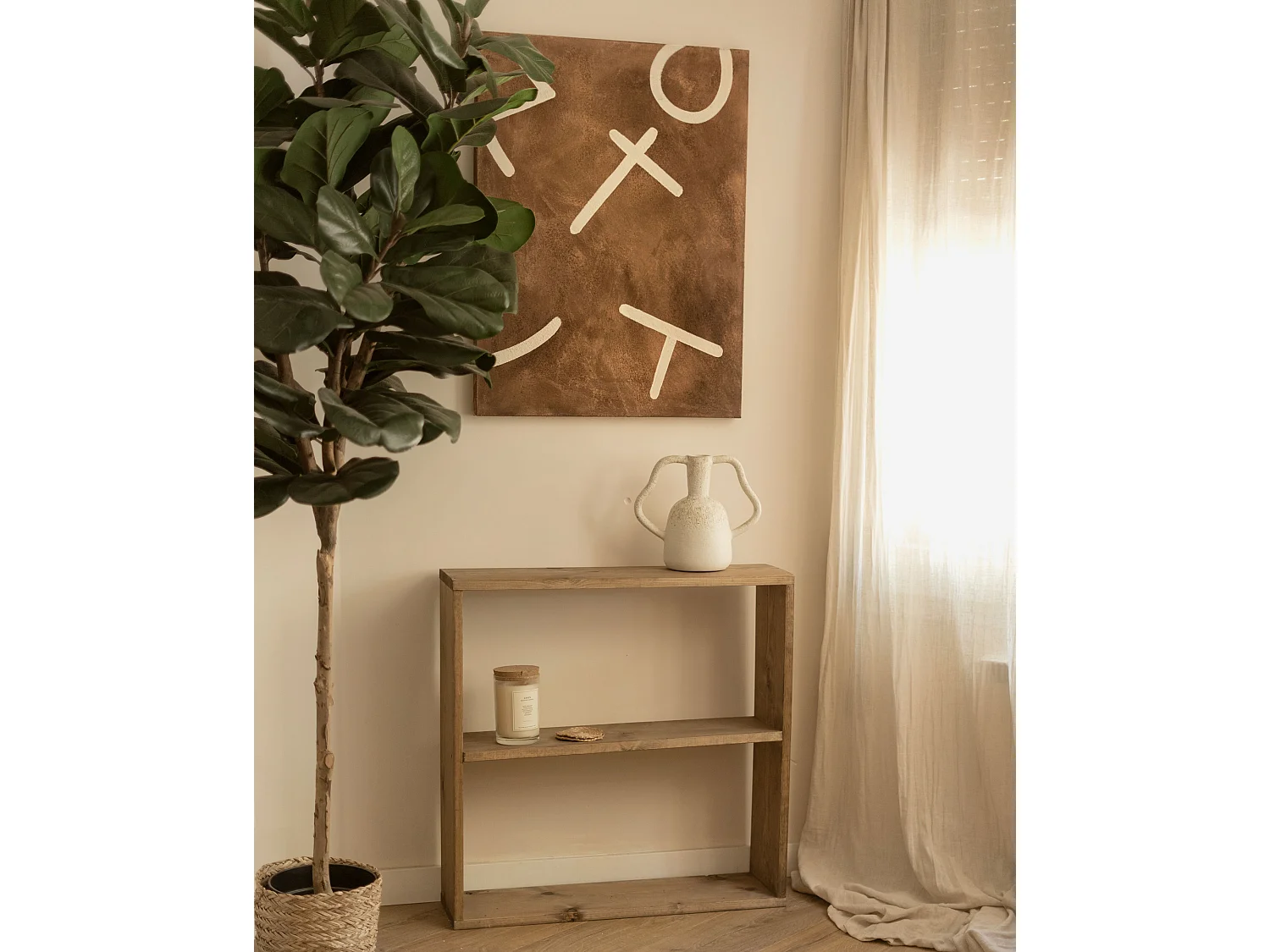 Quadro decorativo di cotone fatto a mano con cornice marrone chiaro 100x150cm - SILVANA - DECOWOOD