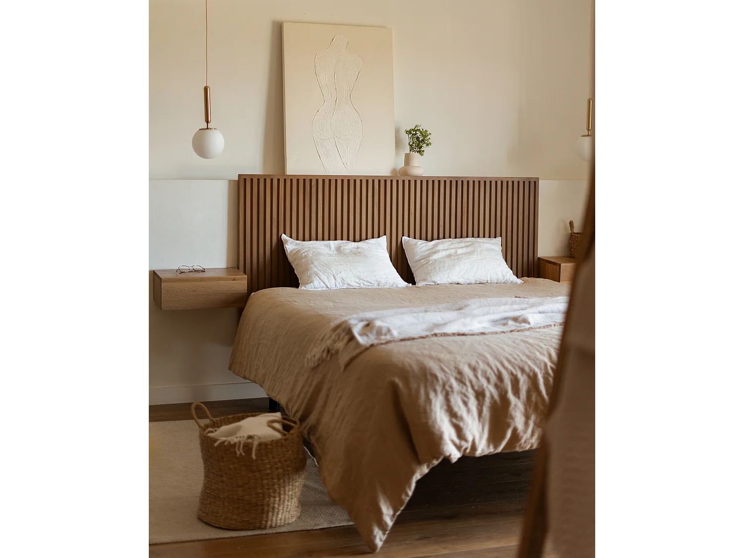 Quadro decorativo di cotone fatto a mano con cornice marrone chiaro 80x100cm - LEO - DECOWOOD