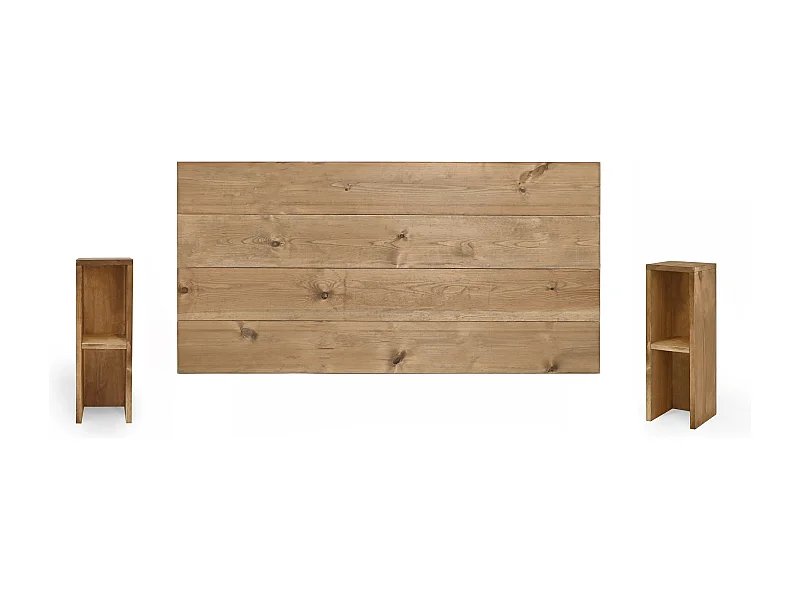 Ensemble tête de lit et tables en bois ton vieilli 200x80cm - FLANDES + LINA - DECOWOOD