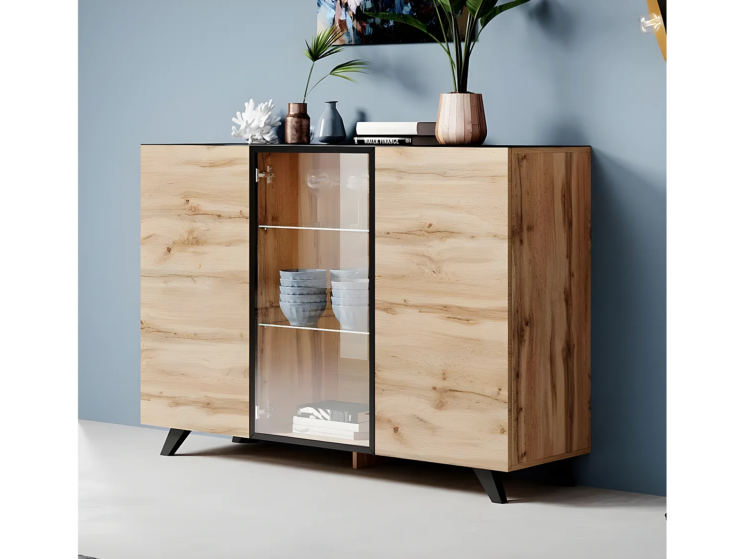 Bahut Buffet en Coleur Chêne et Noir avec LED 150x40x100cm Viena A2