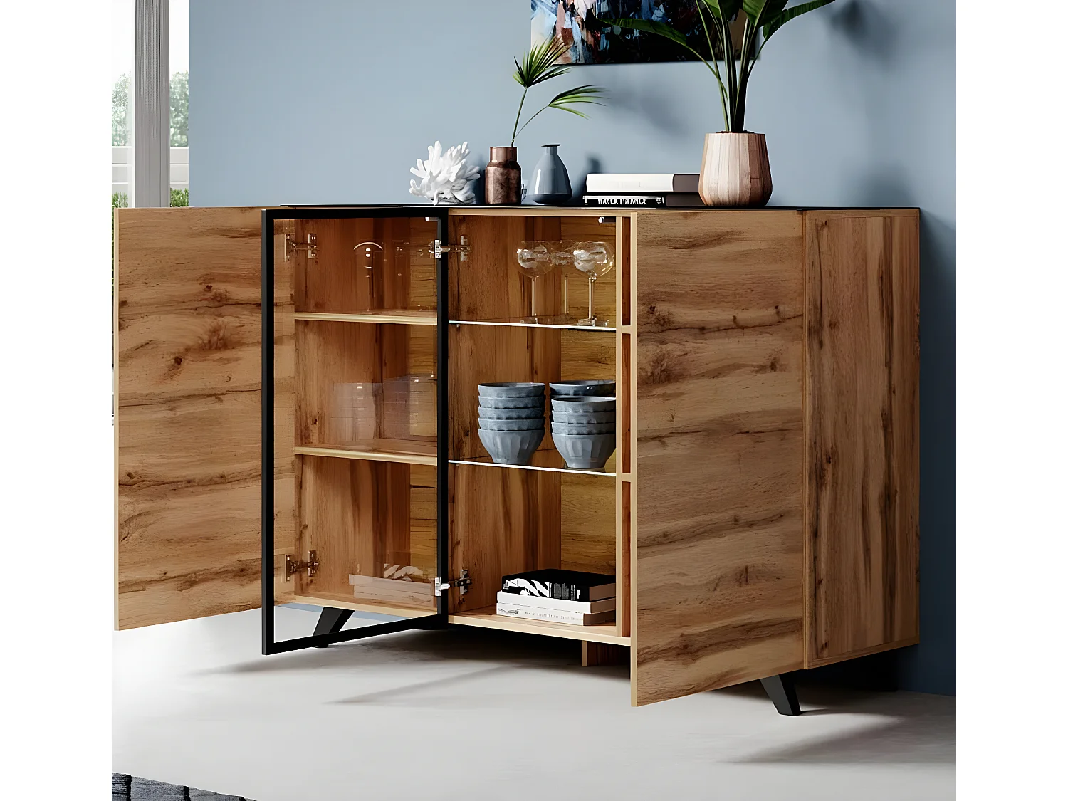 Bahut Buffet en Coleur Chêne et Noir avec LED 150x40x100cm Viena A2