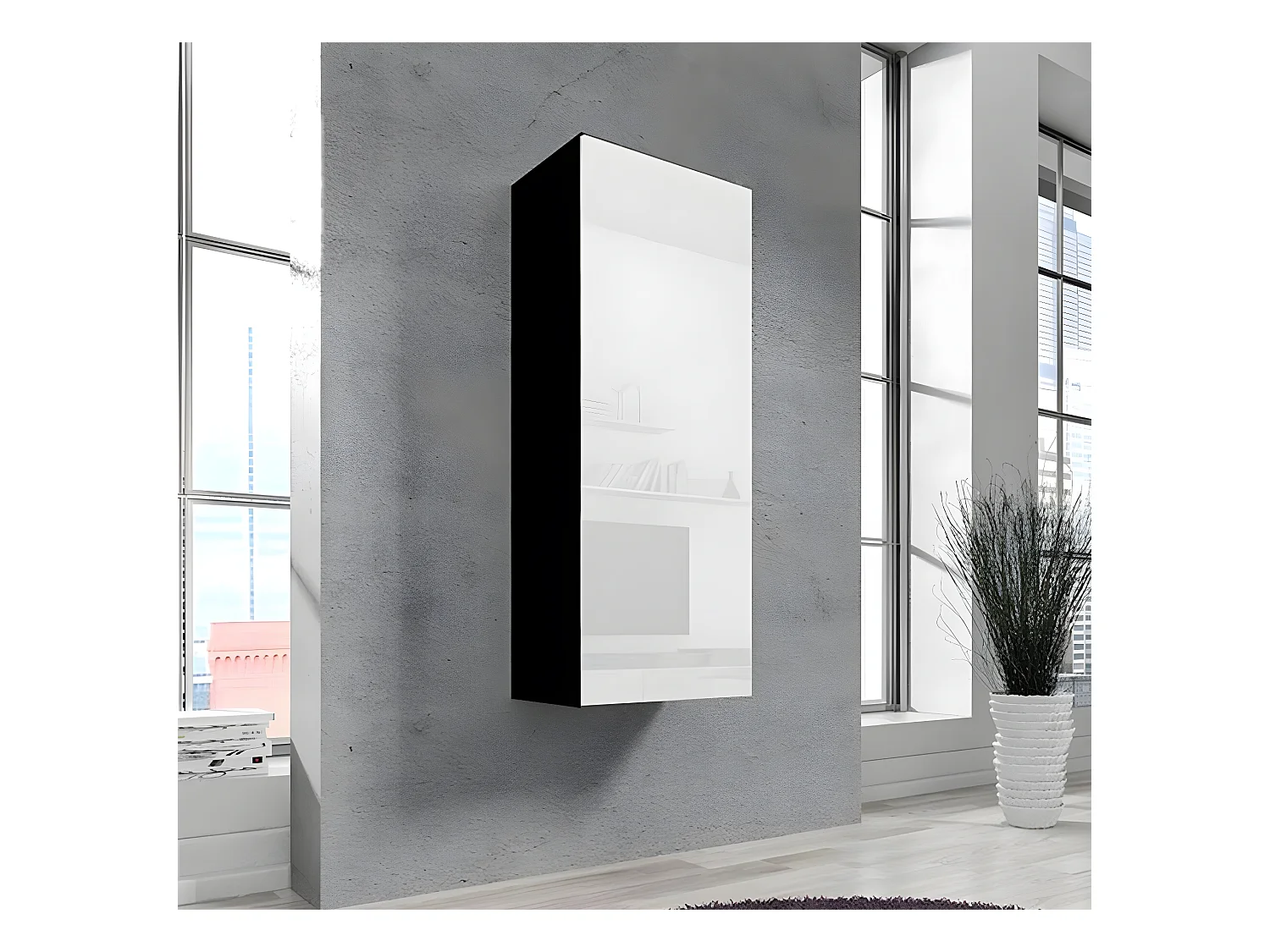 Armoire murale pour Salon Salle à manger en Noir et Blanc 40x29x126cm Nora V1