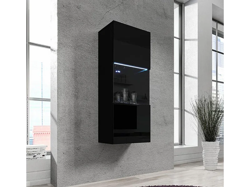 Vitrine suspendue pour Salon Salle à manger en Noir avec LED 40x29x126cm Nora V3