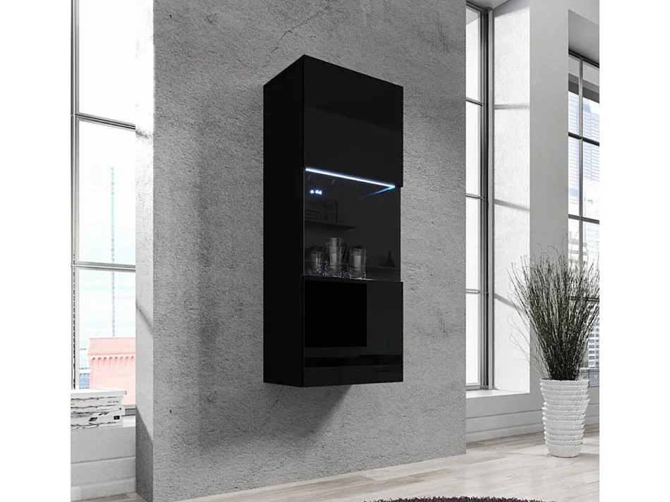 Vitrine suspendue pour Salon Salle à manger en Noir avec LED 40x29x126cm Nora V3