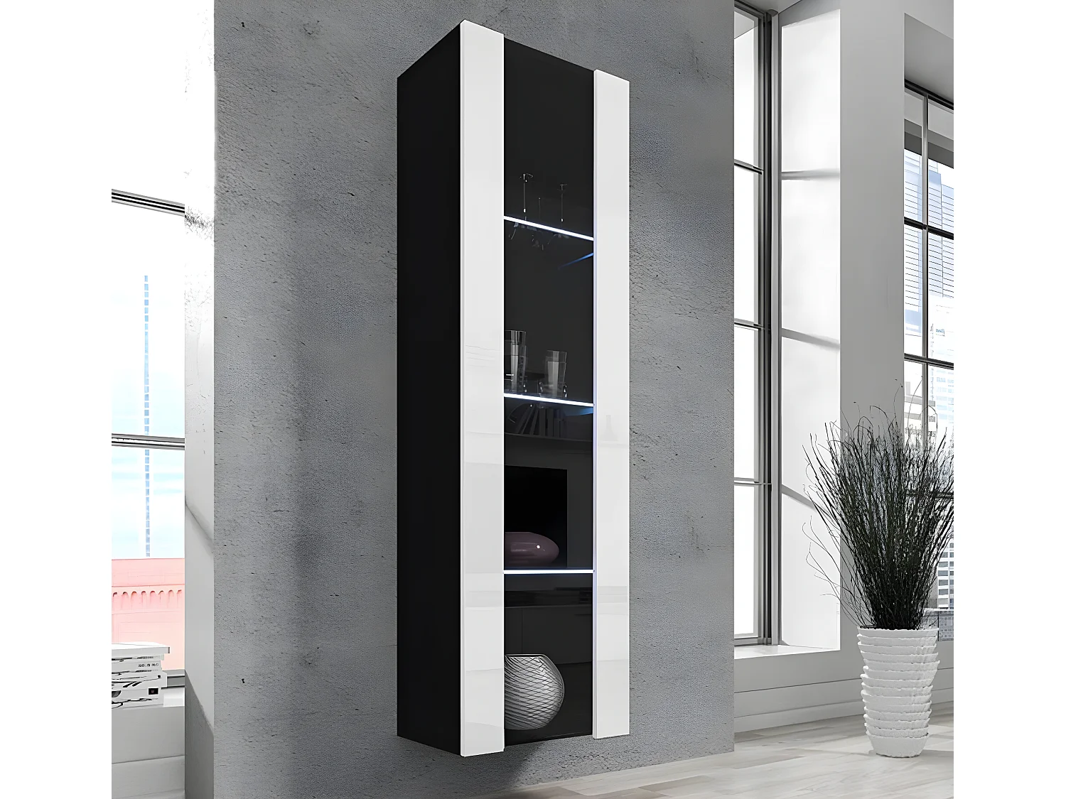 Vitrine suspendue pour Salon Salle à manger en Noir et Blanc avec LED 40x29x170cm Nora V5