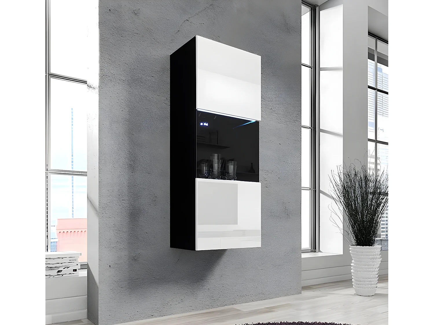 Vitrine suspendue pour Salon Salle à manger en Noir et Blanc avec LED 40x29x126cm Nora V3