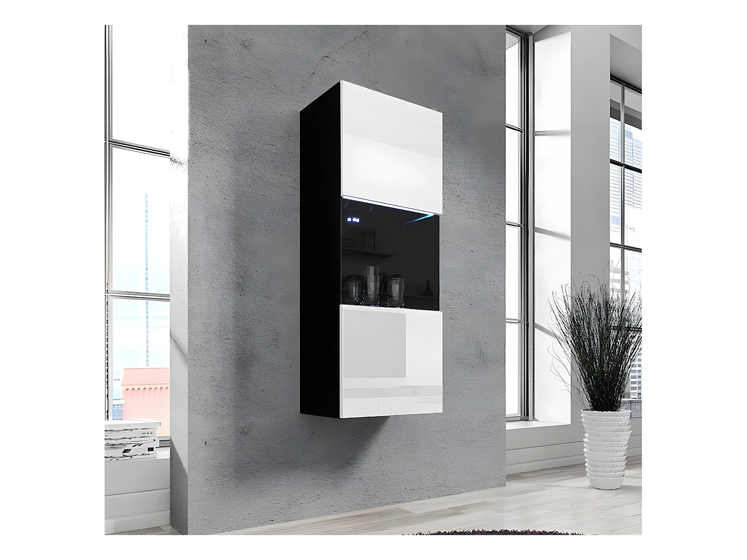 Vitrina colgante para Salón comedor en Negro y Blanco con LED 40x29x126cm Nora V3