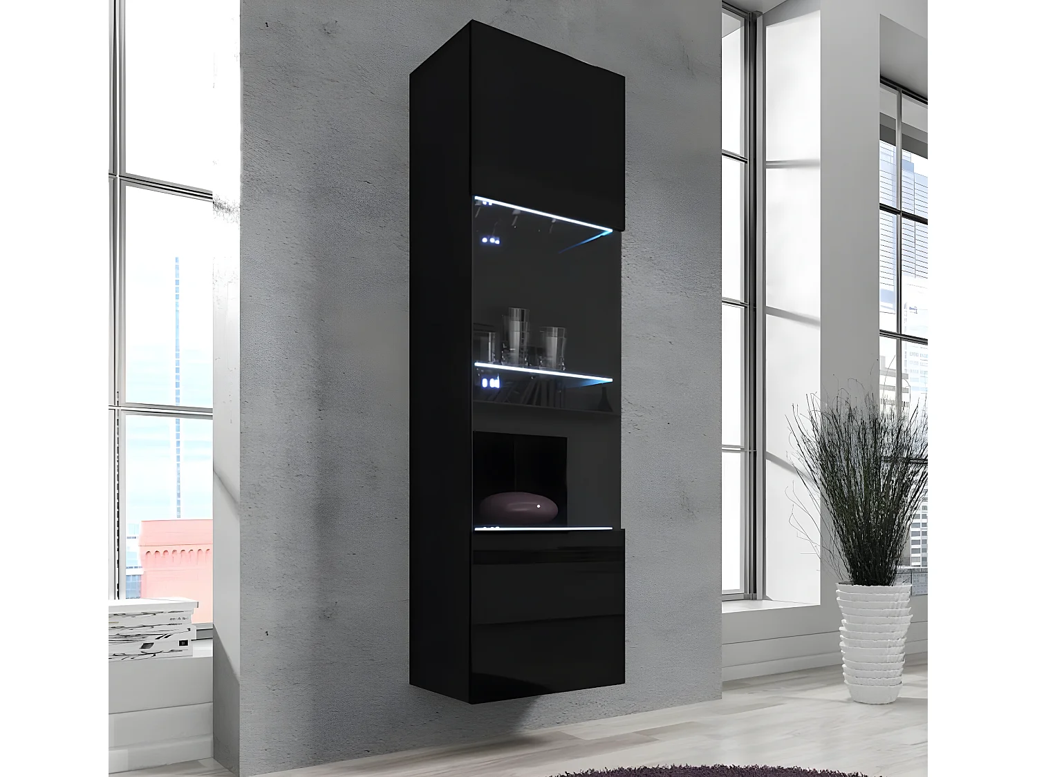 Vitrine suspendue pour Salon Salle à manger en Noir avec LED 40x29x170cm Nora V6