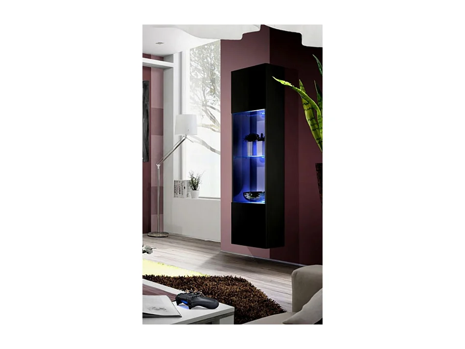 Vitrine suspendue pour Salon Salle à manger en Noir avec LED 40x29x170cm Nora V6