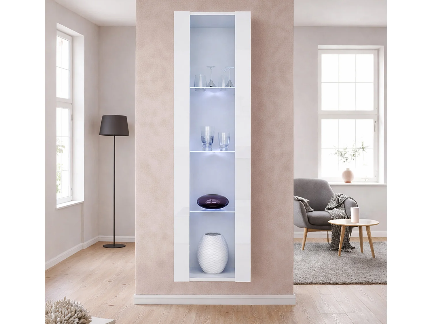 Vitrina colgante para Salón comedor en Blanco con LED 40x29x170cm Nora V5