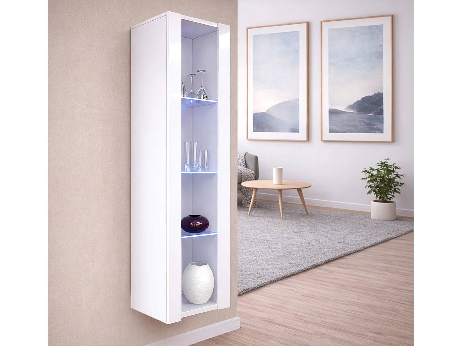 Vitrina colgante para Salón comedor en Blanco con LED 40x29x170cm Nora V5