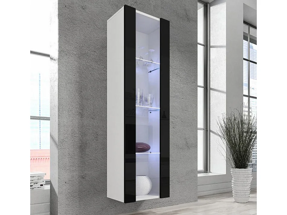 Vitrine suspendue pour Salon Salle à manger en Blanc et Noir avec LED 40x29x170cm Nora V5
