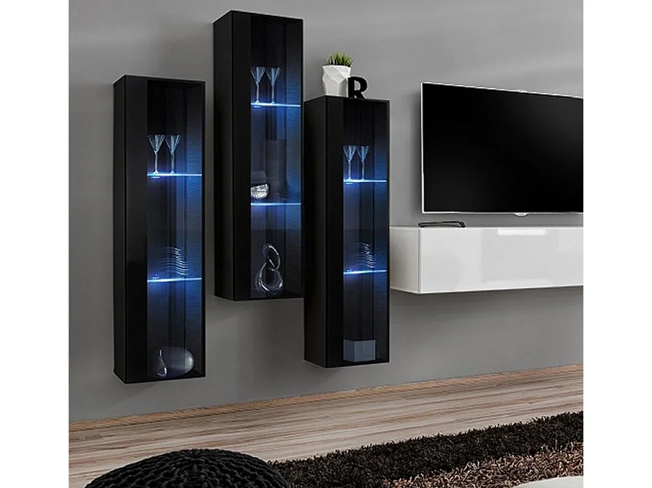 Vitrine suspendue pour Salon Salle à manger en Noir avec LED 30x30x120cm Berit LD