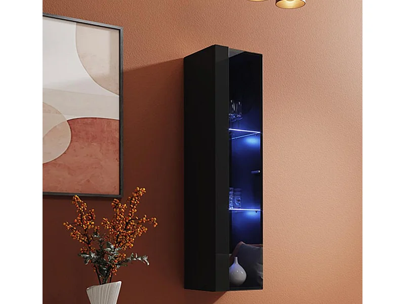 Vitrine suspendue pour Salon Salle à manger en Noir avec LED 30x30x120cm Berit LD