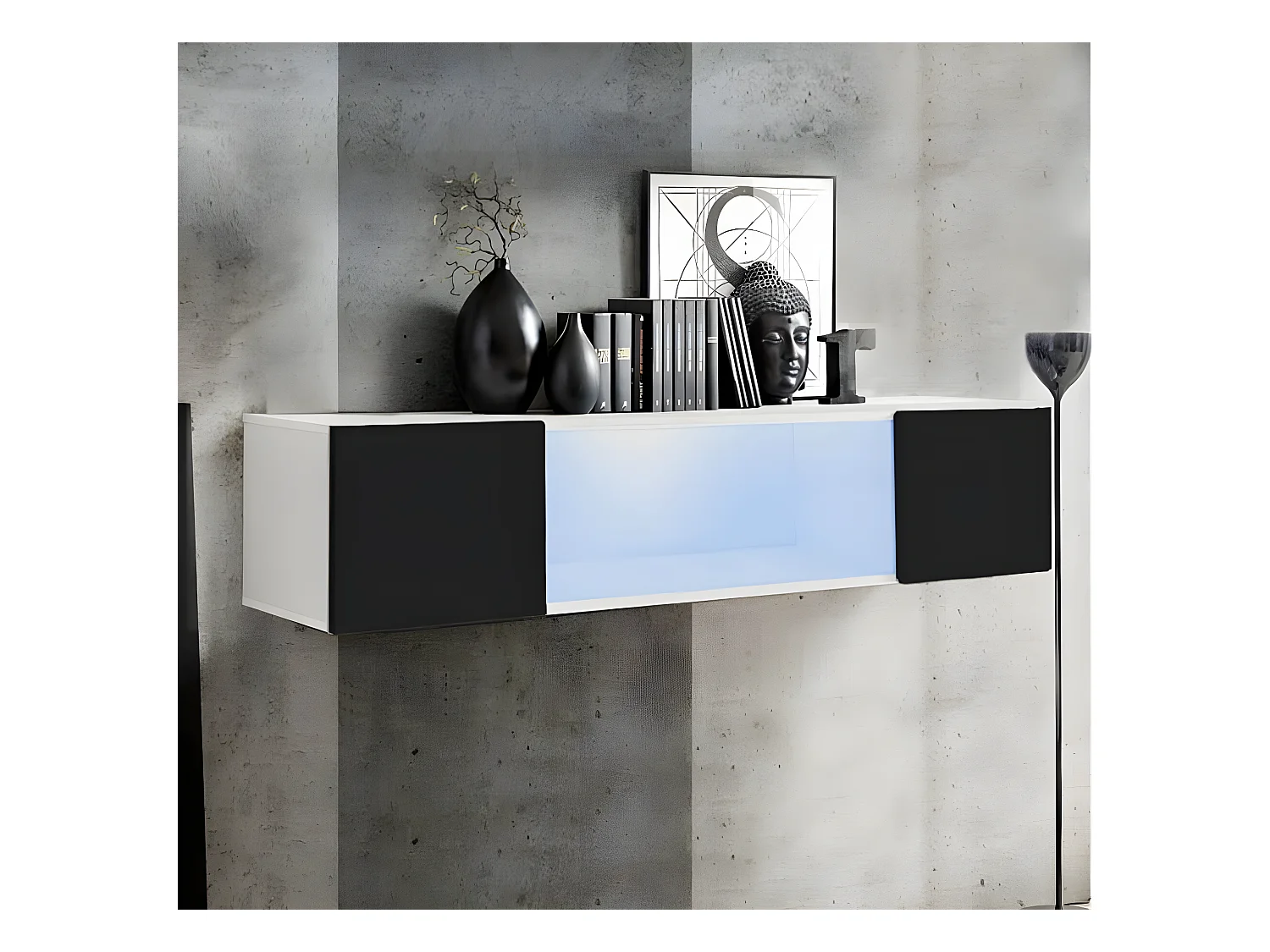 Vitrina colgante para Salón comedor en Blanco y Negro con LED 160x29x30cm Krista H160CC