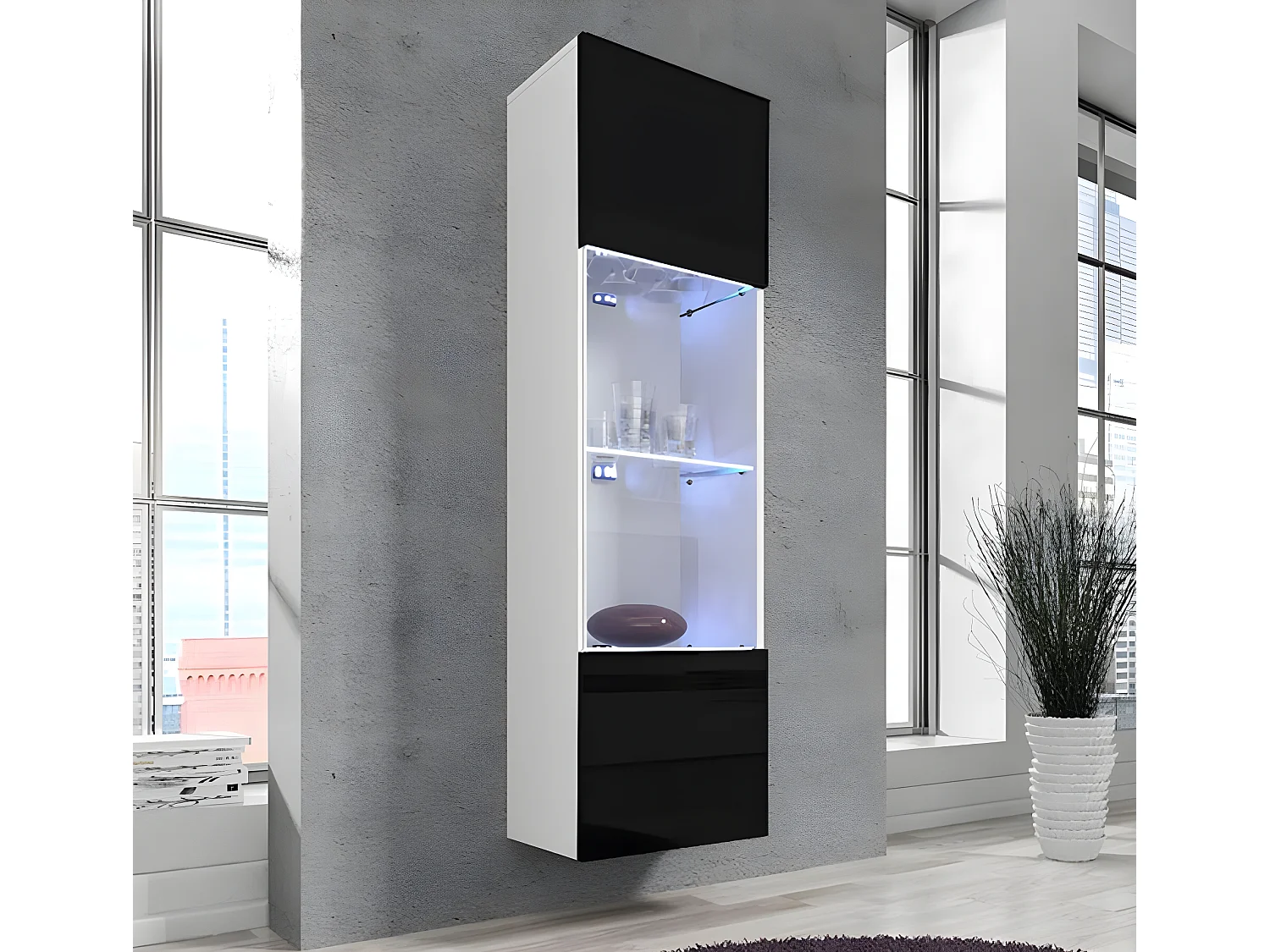 Vitrine suspendue pour Salon Salle à manger en Blanc et Noir avec LED 40x29x170cm Nora V6