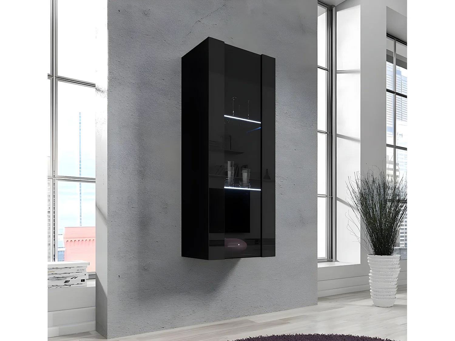 Vitrina colgante para Salón comedor en Negro con LED 40x29x126cm Nora V2