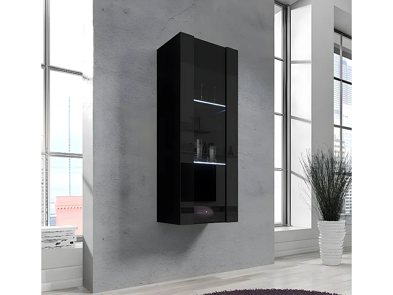 Vitrine suspendue pour Salon Salle à manger en Noir avec LED 40x29x126cm Nora V2