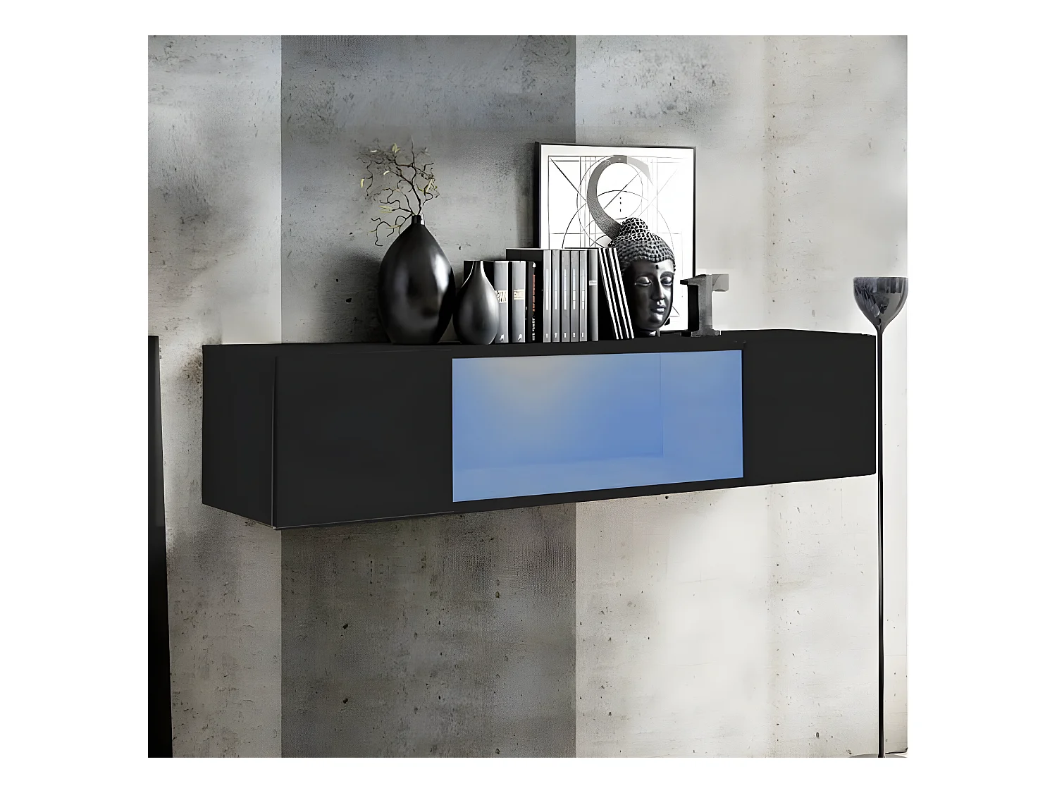 Vitrina colgante para Salón comedor en Negro con LED 160x29x30cm Krista H160CC