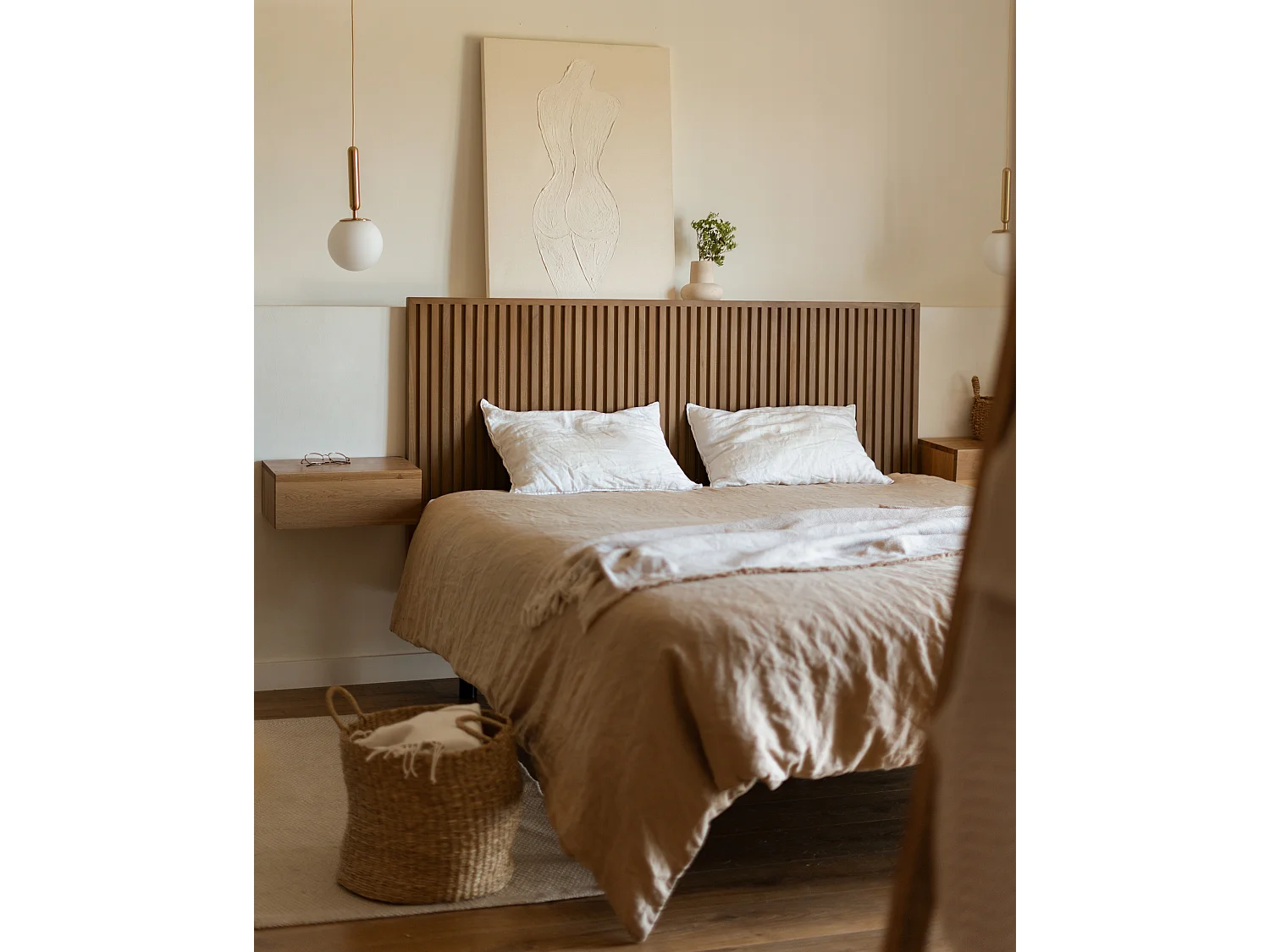 Cabecero de cama de madera maciza en tono roble oscuro de 160cm - ION - DECOWOOD