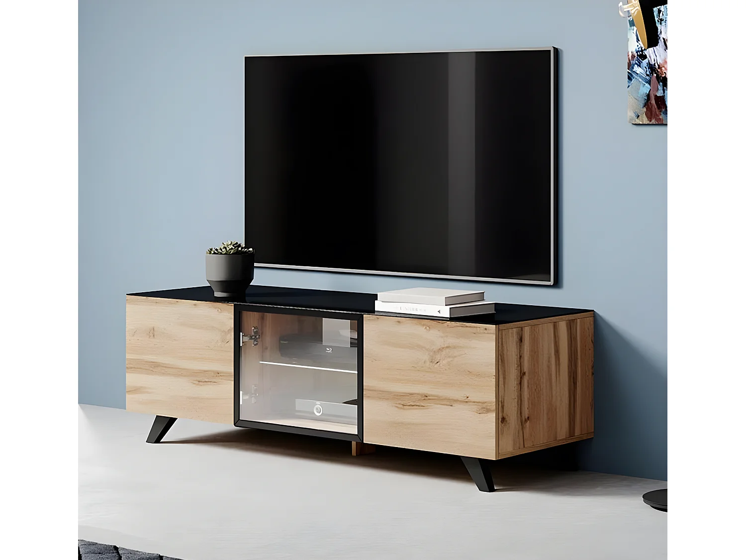 Meuble TV pour Salon Salle à manger en Coleur Chêne et Noir avec LED 150x45x47cm Viena