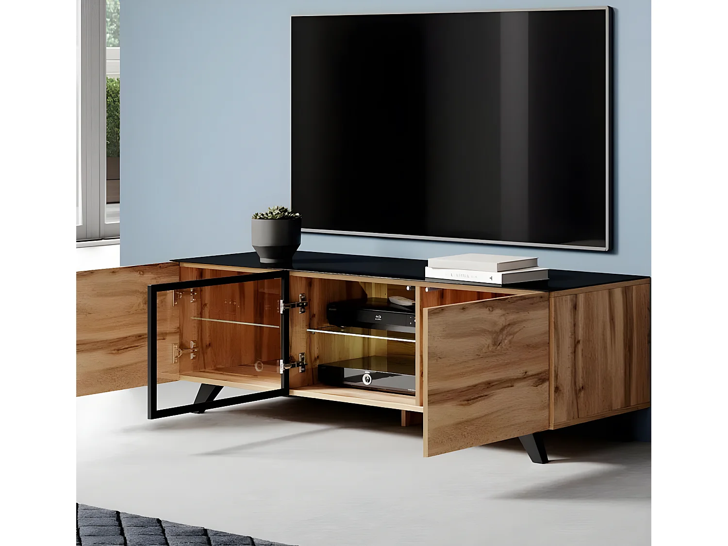 Meuble TV pour Salon Salle à manger en Coleur Chêne et Noir avec LED 150x45x47cm Viena