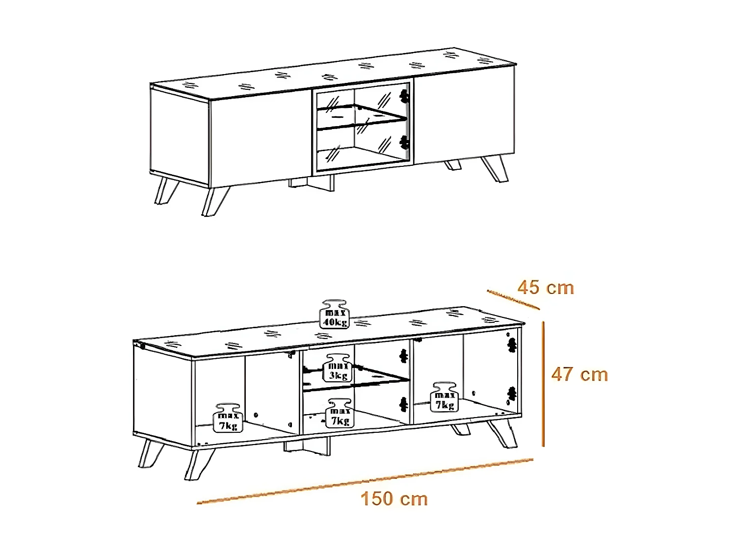 Meuble TV pour Salon Salle à manger en Coleur Chêne et Noir avec LED 150x45x47cm Viena